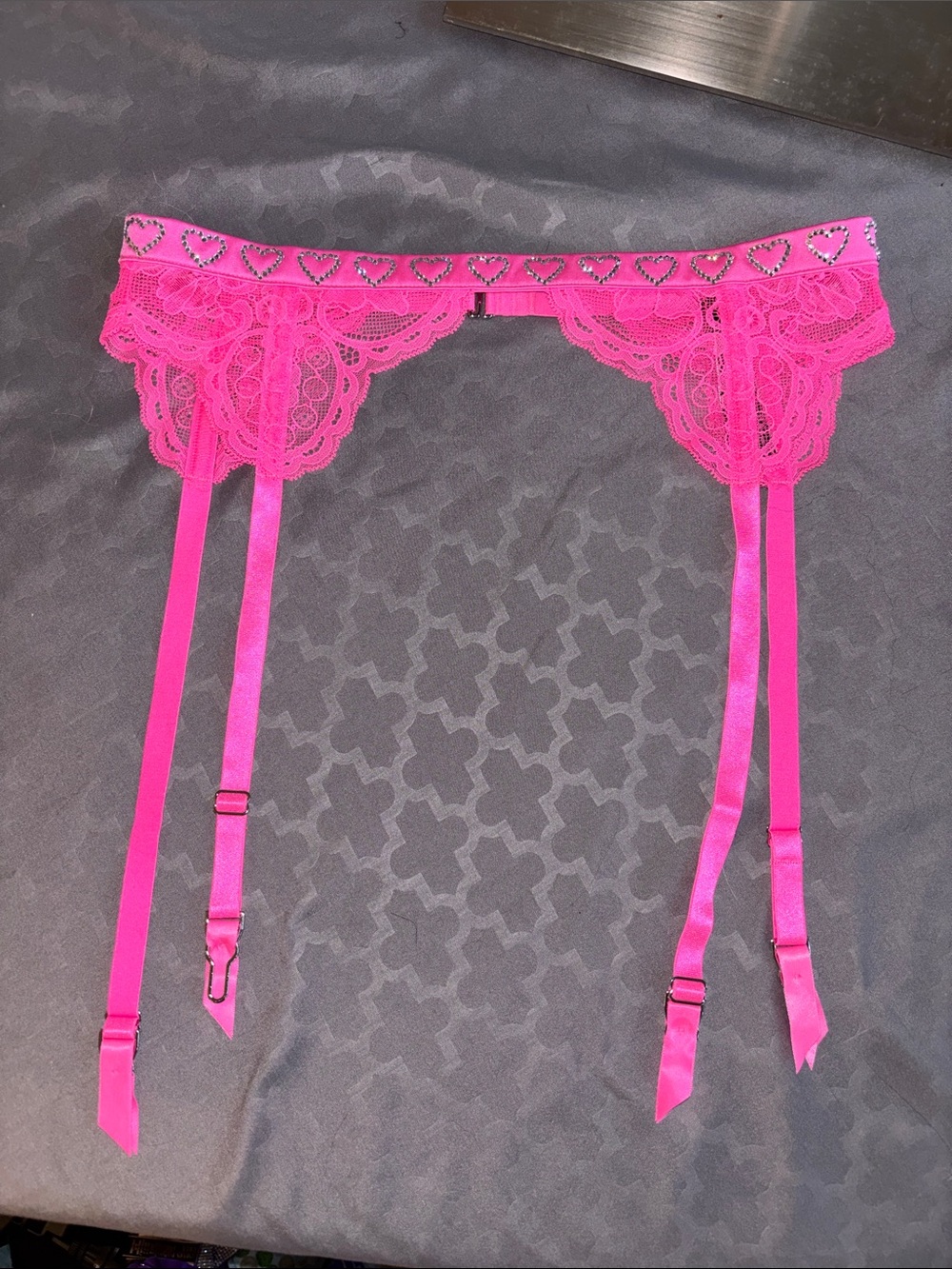 Victoria's Secret Bright Pink Lace Garter Belt with Heart Trim
